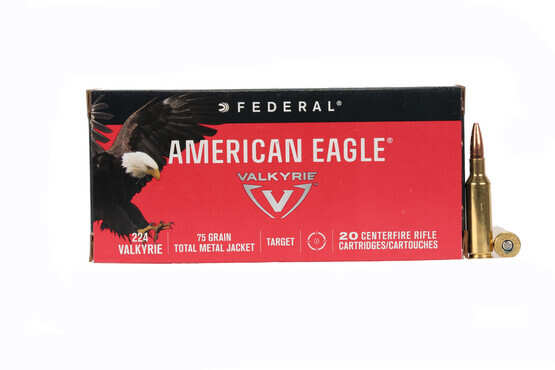 The Federal American Eagle .224 Valkyrie Ammunition features a 75 grain TMJ bullet